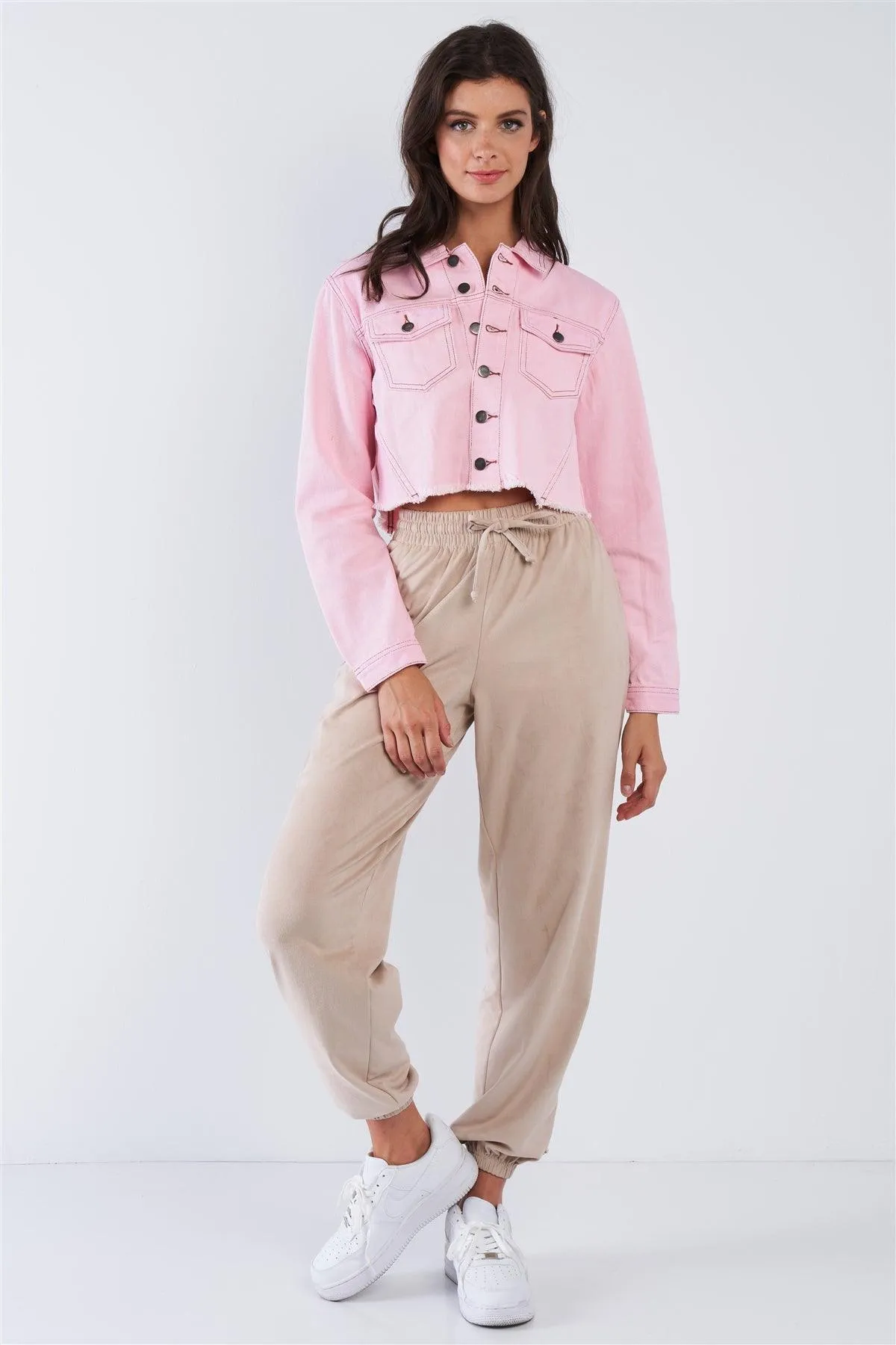 Light Pink Denim Cropped Collared Botton Up Jacket