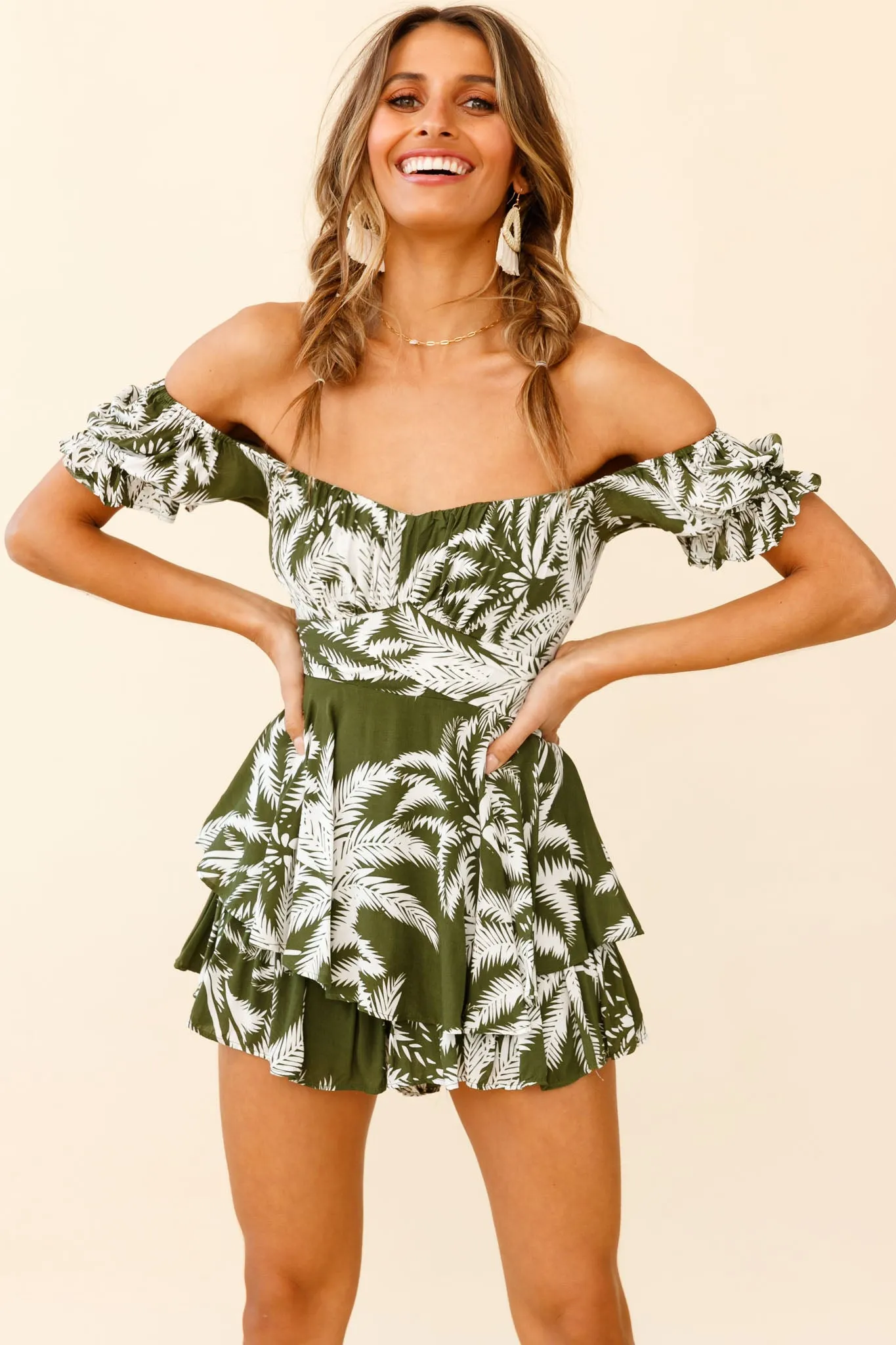 Linka Off-Shoulder Tie Back Romper Palm Print Olive