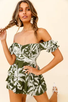 Linka Off-Shoulder Tie Back Romper Palm Print Olive