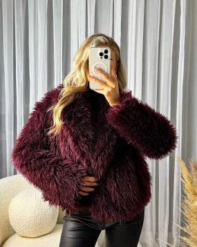 Lottie Faux Fur Short Button Coat - Wine