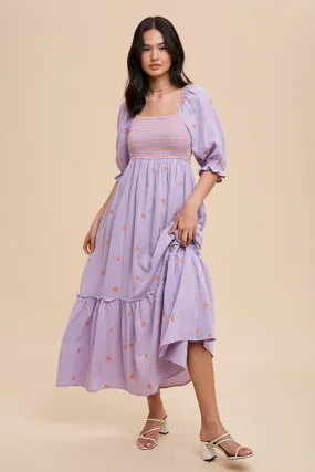 Mandy Lavender Embroidered Smocked Maxi Dress