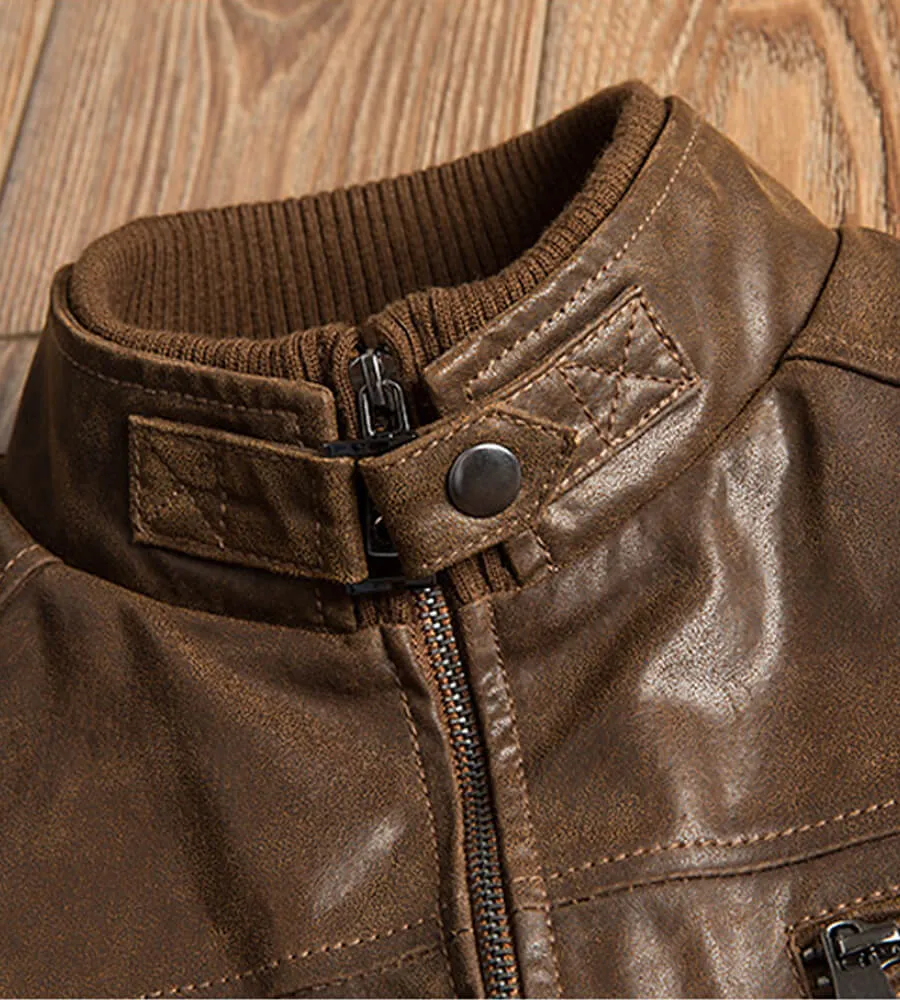 Men’s Brown Bomber Leather Jacket with Rib Collar