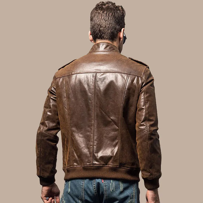 Men’s Brown Bomber Leather Jacket with Rib Collar