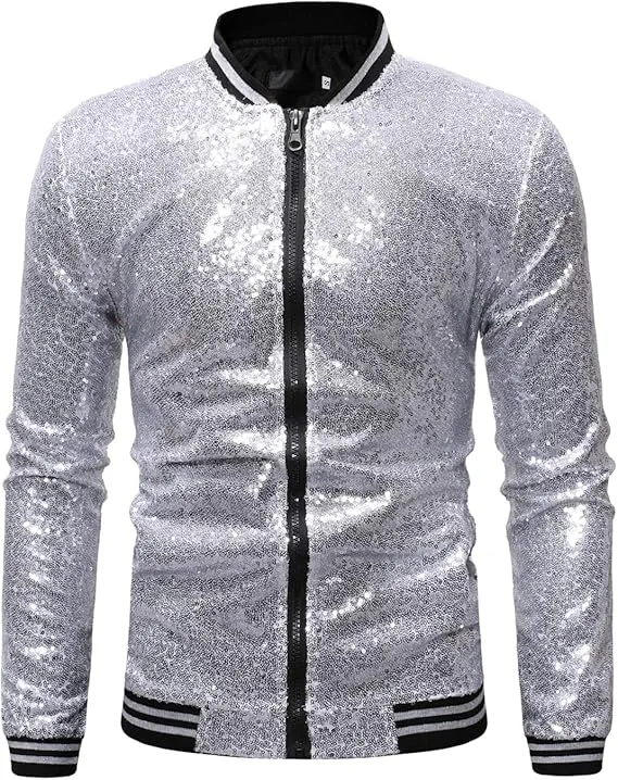 Men's Glitter Sequin Zip Up Pink-Gold Bomber Jacket