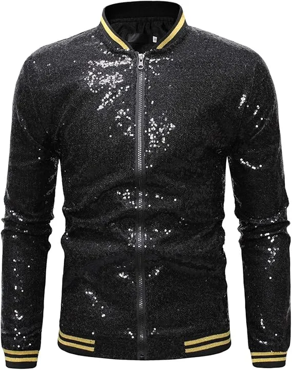 Men's Glitter Sequin Zip Up Pink-Gold Bomber Jacket