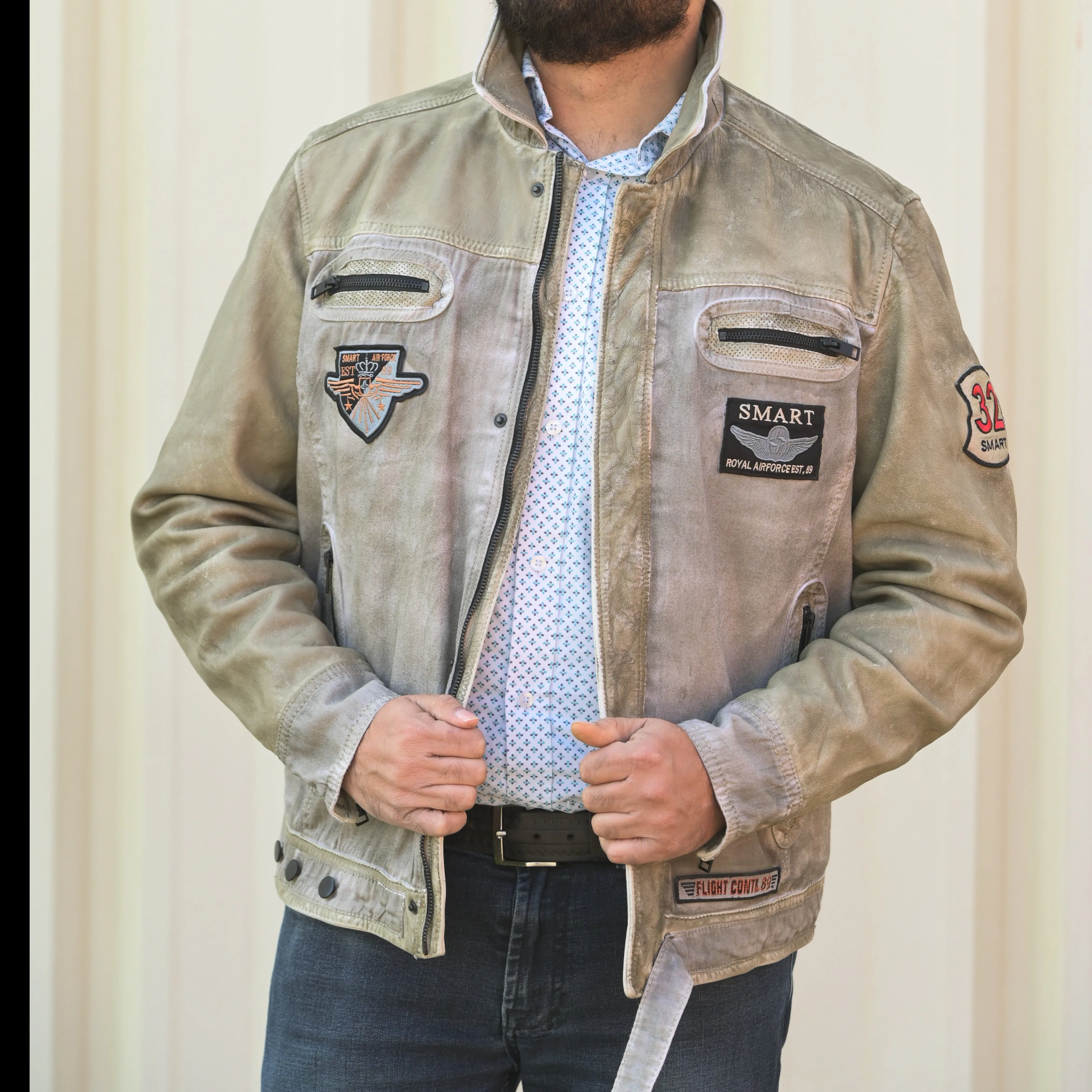 Men's Leather and Twill Jacket with Patches and Four Zip Pockets