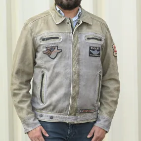 Men's Leather and Twill Jacket with Patches and Four Zip Pockets