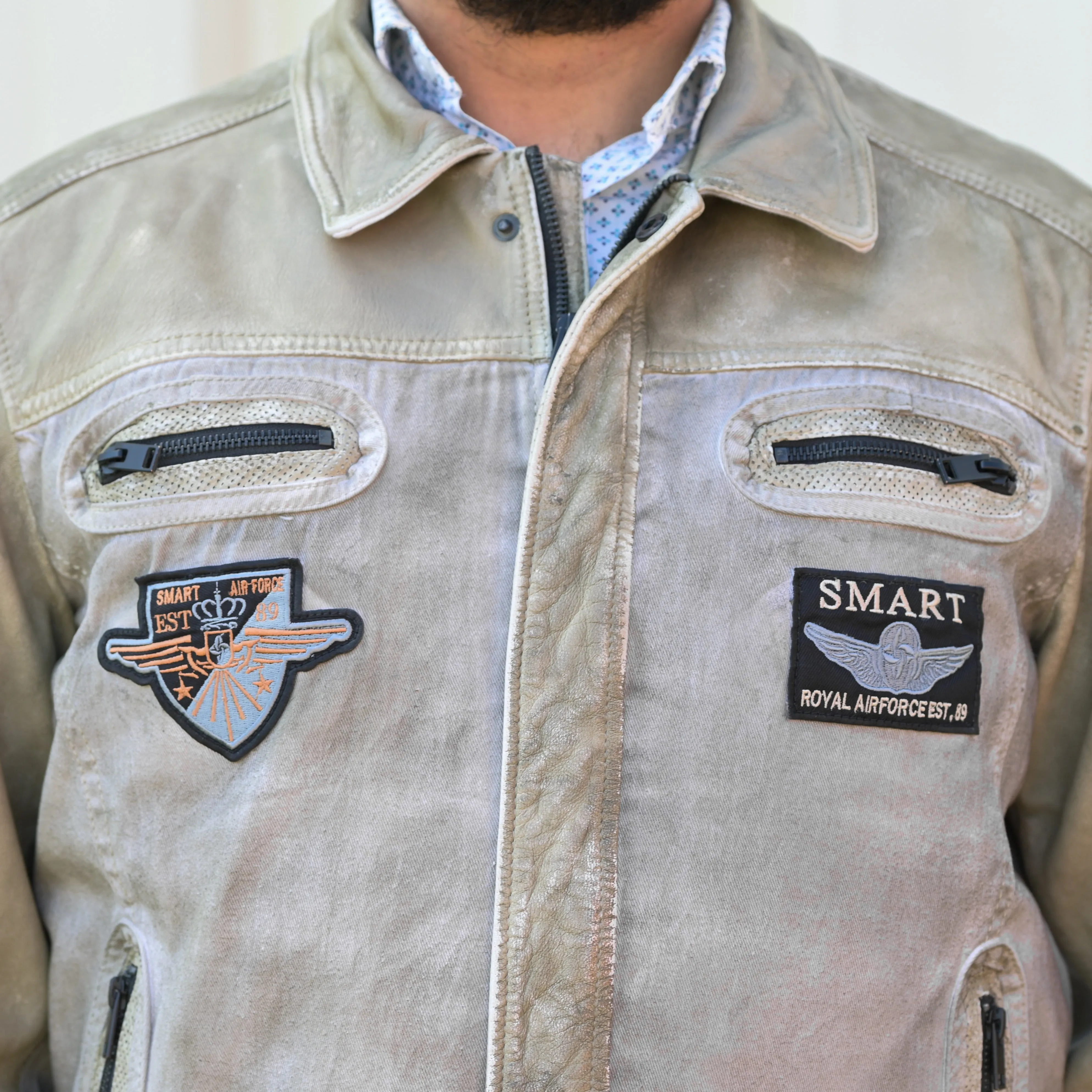 Men's Leather and Twill Jacket with Patches and Four Zip Pockets