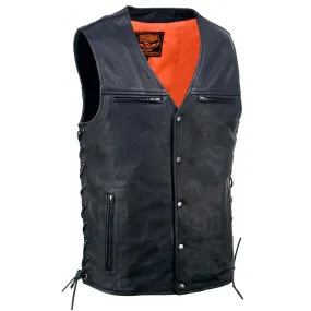 Milwaukee Leather MLM3517 Men's Black Naked Leather Classic V-Neck Straight Bottom Side Lace Motorcycle Rider Vest