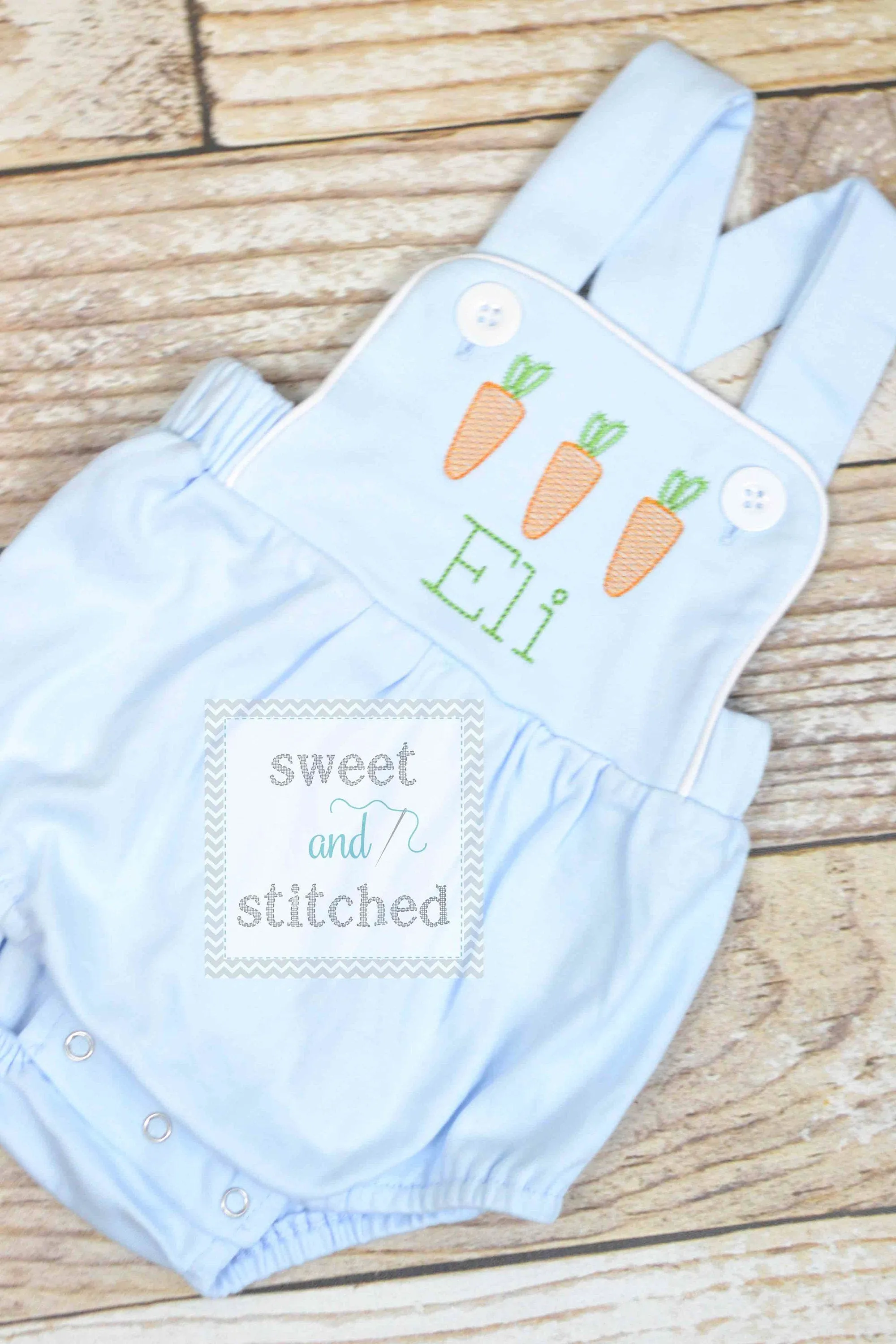 Monogrammed boys easter romper in baby blue, Boys easter outfit with carrots, baby boy bubble romper, baby boy easter carrot romper