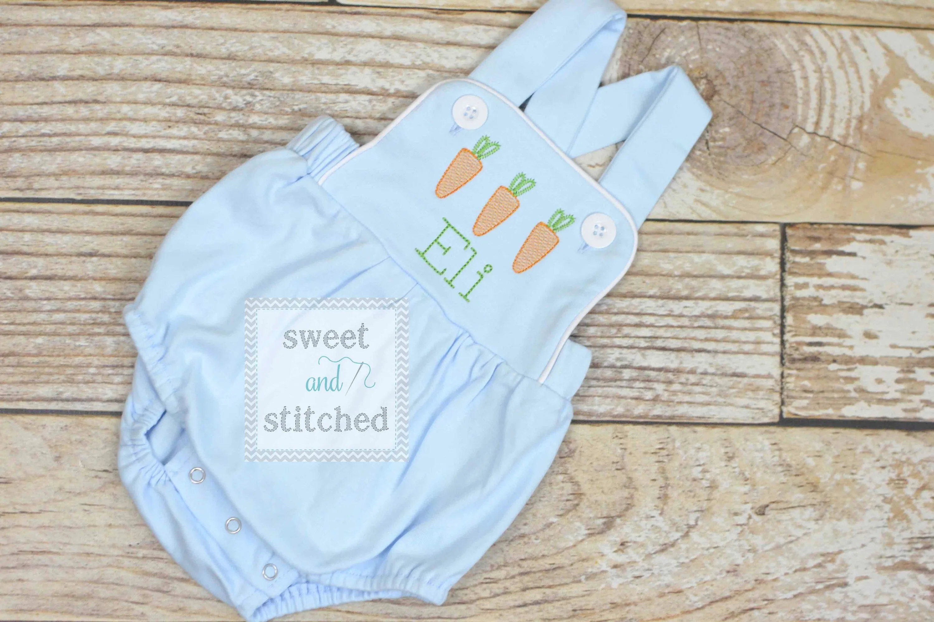 Monogrammed boys easter romper in baby blue, Boys easter outfit with carrots, baby boy bubble romper, baby boy easter carrot romper