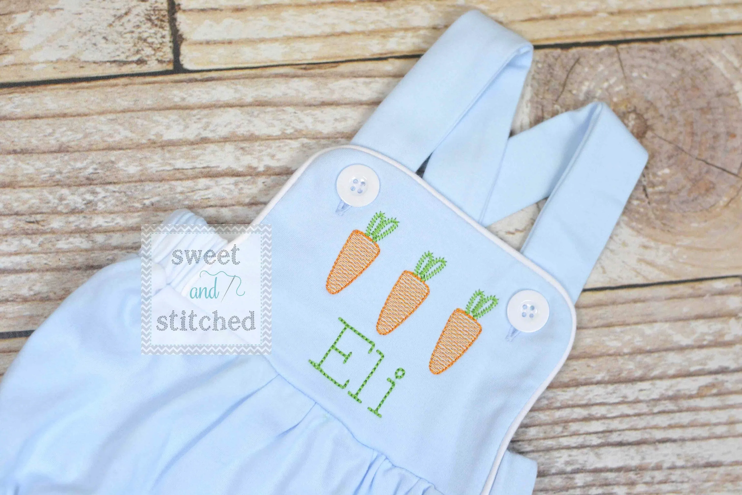 Monogrammed boys easter romper in baby blue, Boys easter outfit with carrots, baby boy bubble romper, baby boy easter carrot romper