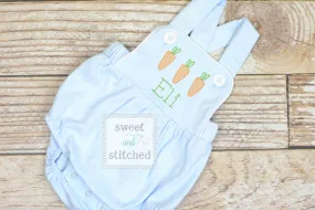 Monogrammed boys easter romper in baby blue, Boys easter outfit with carrots, baby boy bubble romper, baby boy easter carrot romper