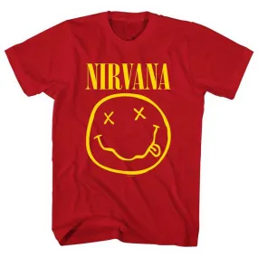 Nirvana Adult T-Shirt - Yellow Smiley Face - Red T-Shirt