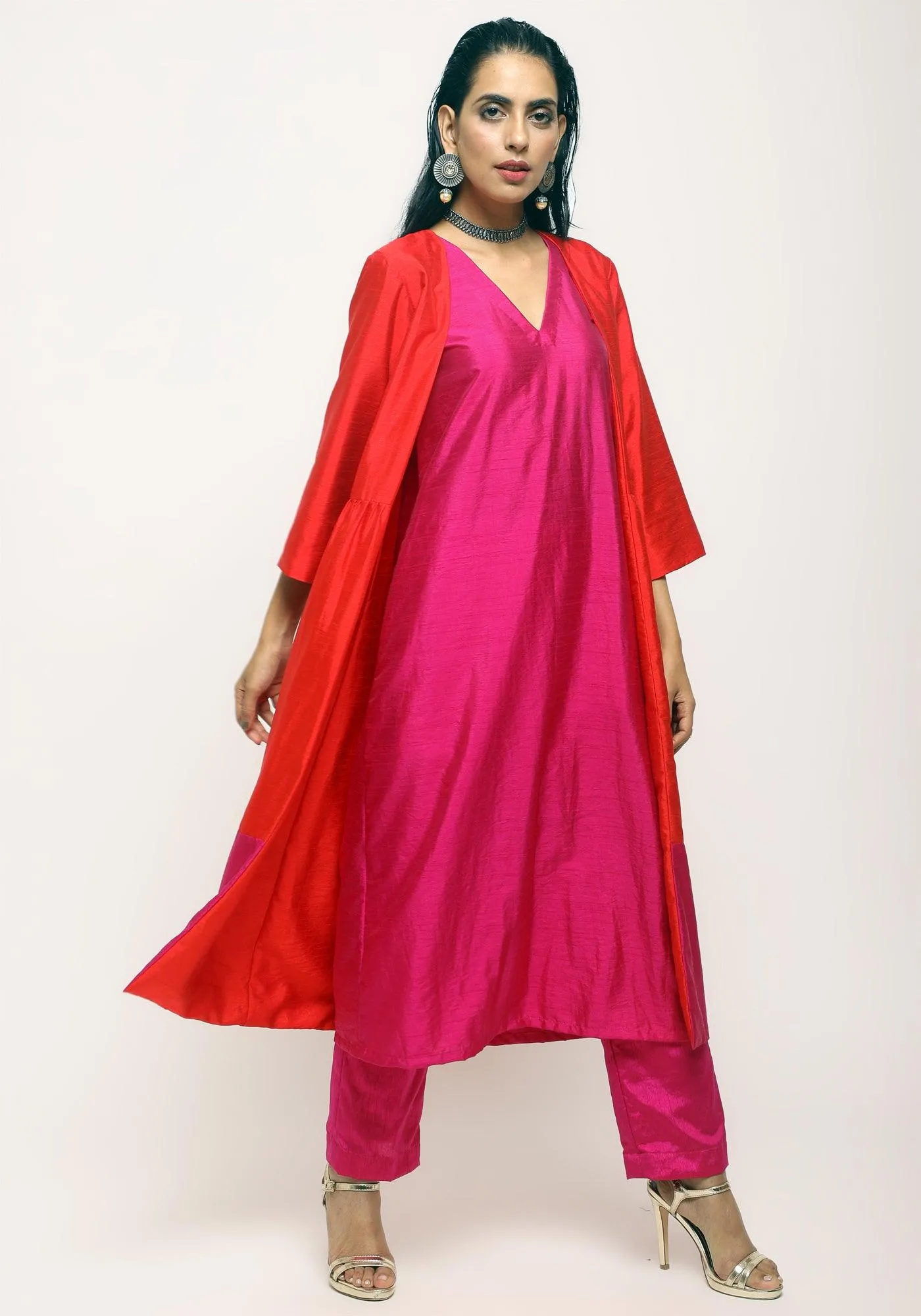 Orange Pink Jacket Kurta Set | Relove