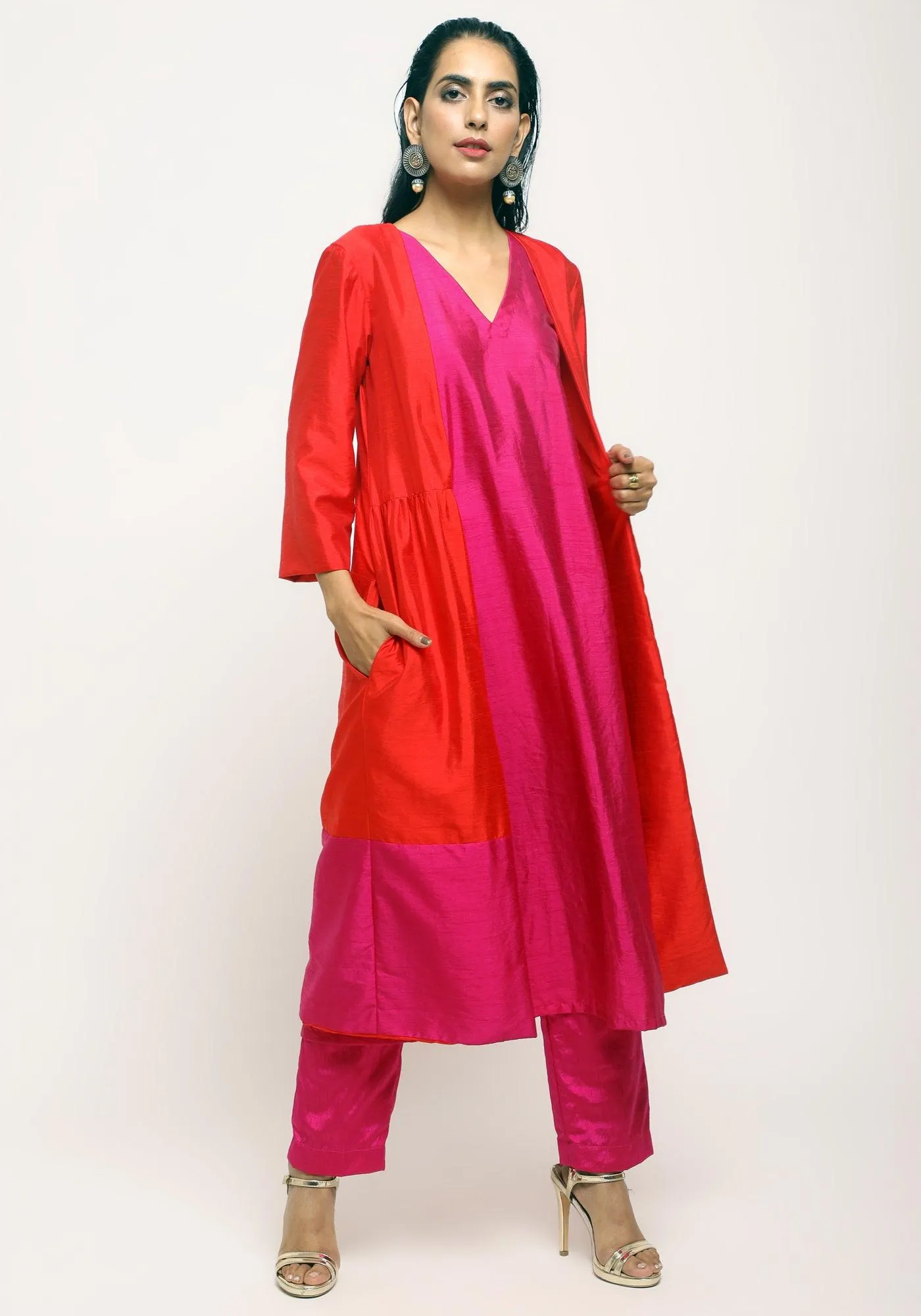 Orange Pink Jacket Kurta Set | Relove