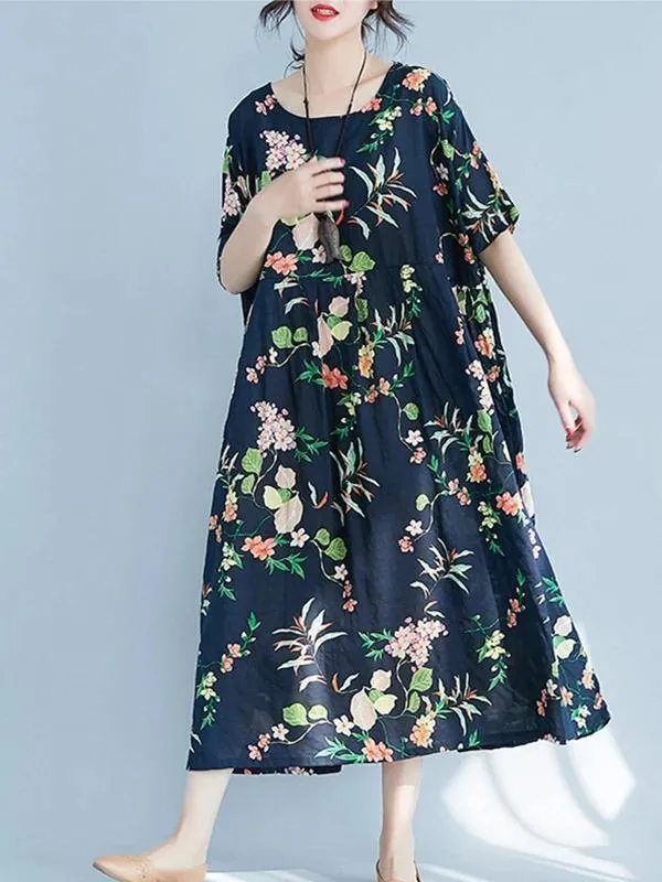 Organic floral cotton linen Robes o neck large hem Love summer Dresses