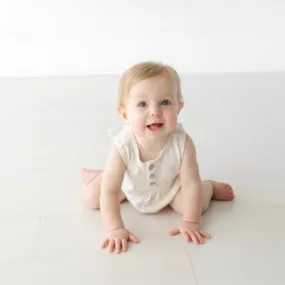 Paige Organic Cotton Sleeveless Henley Romper | Eco-Friendly Baby Romper in Seafoam or Ecru