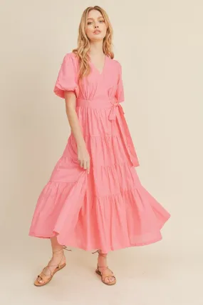 Pink Bubble Puff Sleeve Tiered Midi Wrap Dress