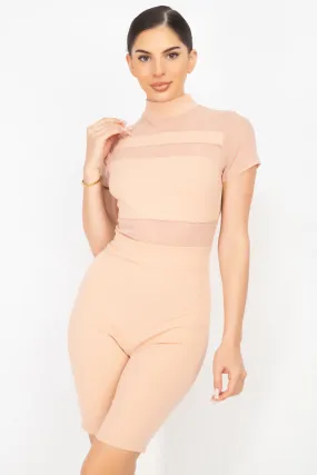 Pink Stripe Mesh Mock Neck Biker Romper