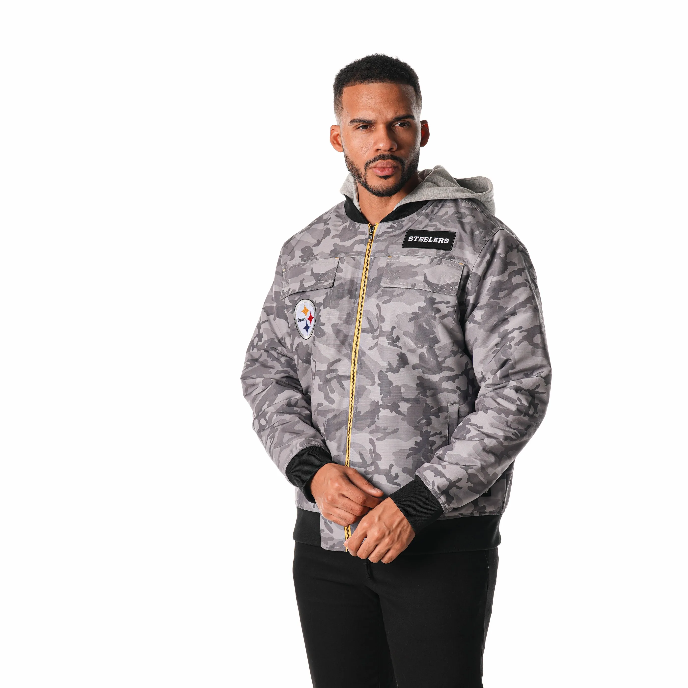 Pittsburgh Steelers Camo Hooded Bomber - Grey