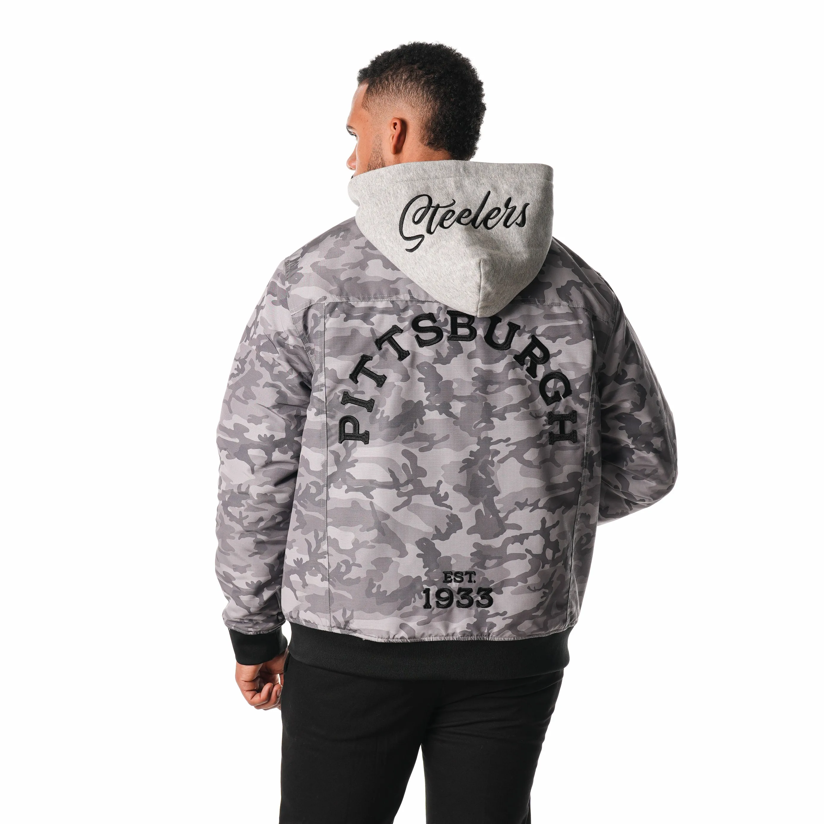 Pittsburgh Steelers Camo Hooded Bomber - Grey