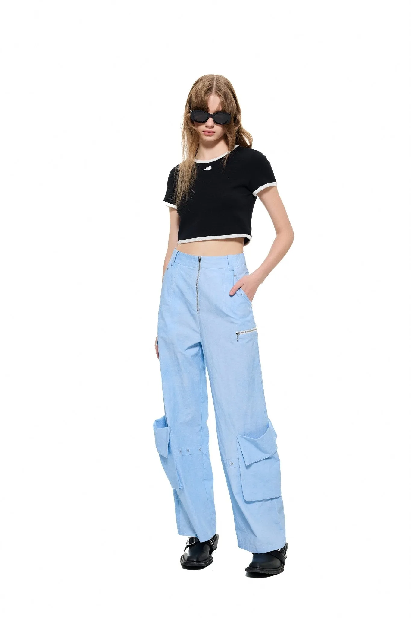 Pocket Wide-Leg Cargo Trousers in Blue