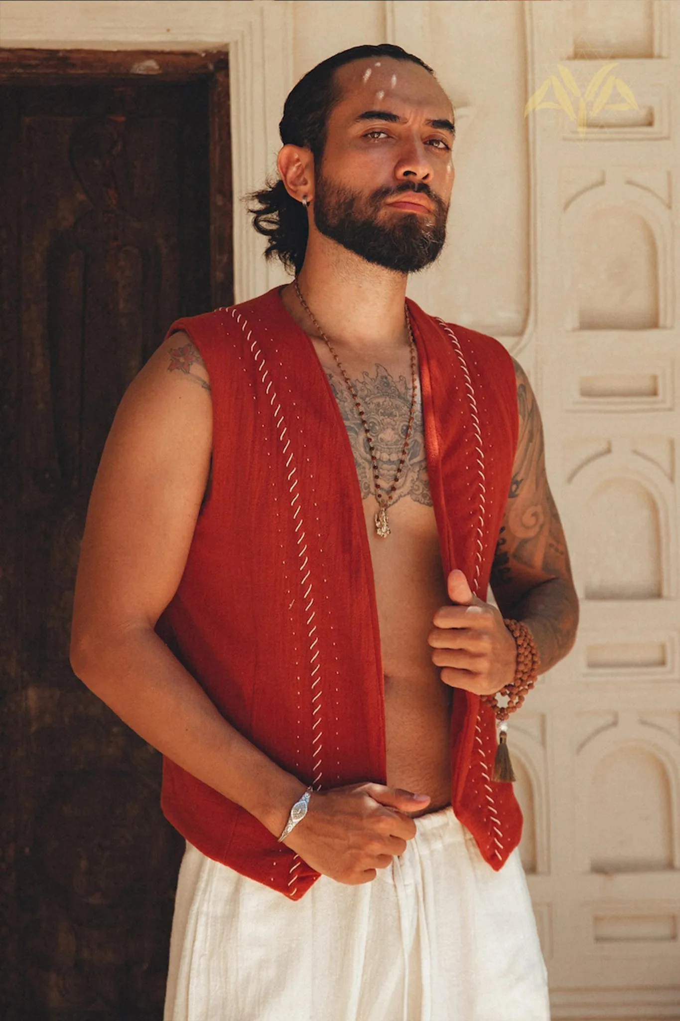 Red Hand Embroidered Vest for Men