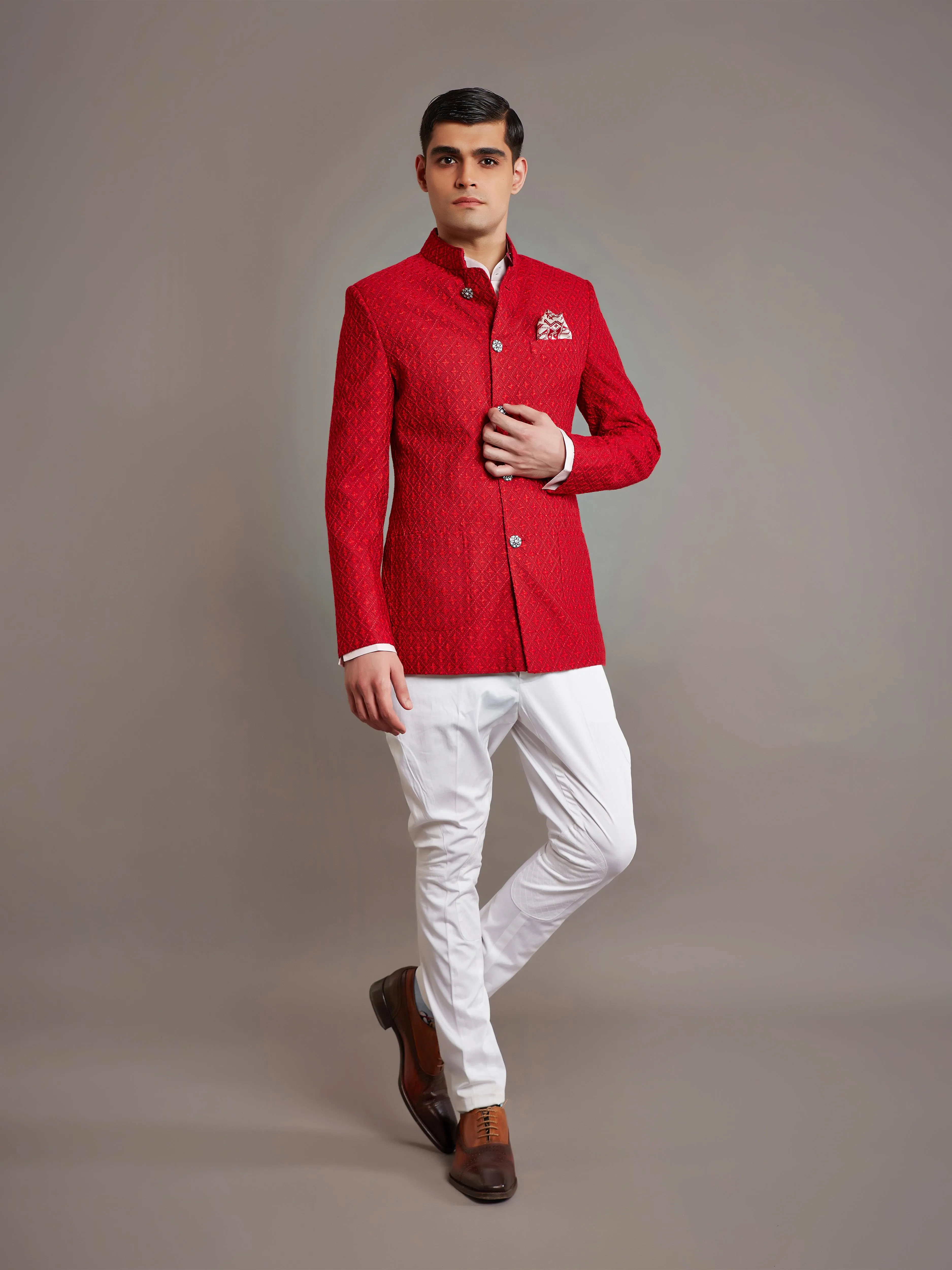 RED SILK BANDHGALA JACKET