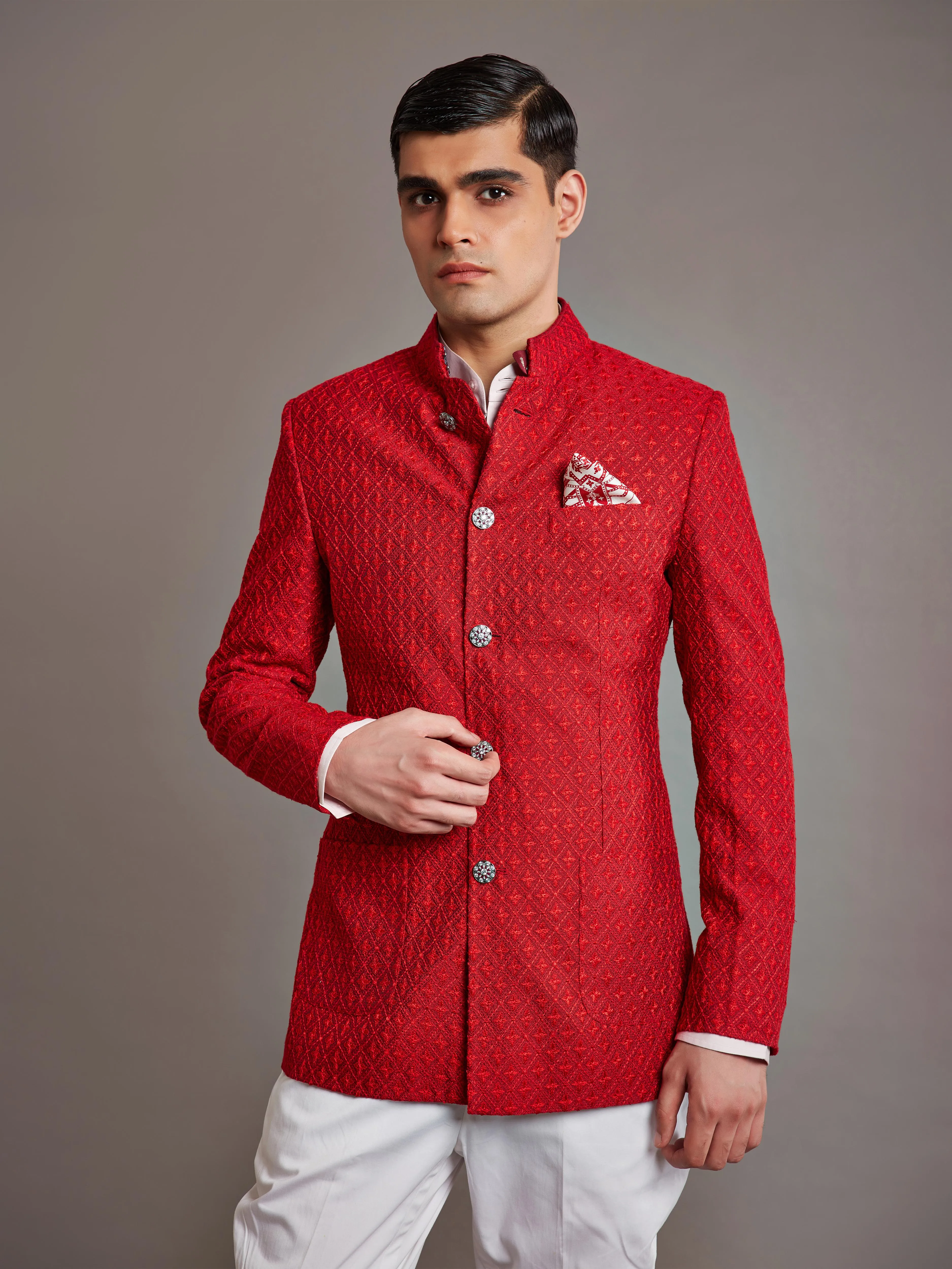 RED SILK BANDHGALA JACKET