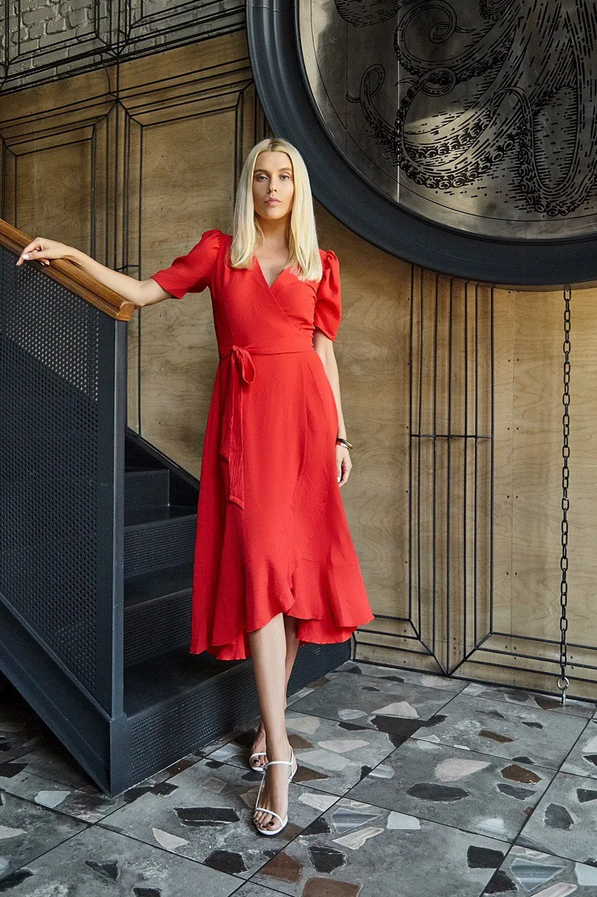 Red Wrap Short Sleeve Midi Dress