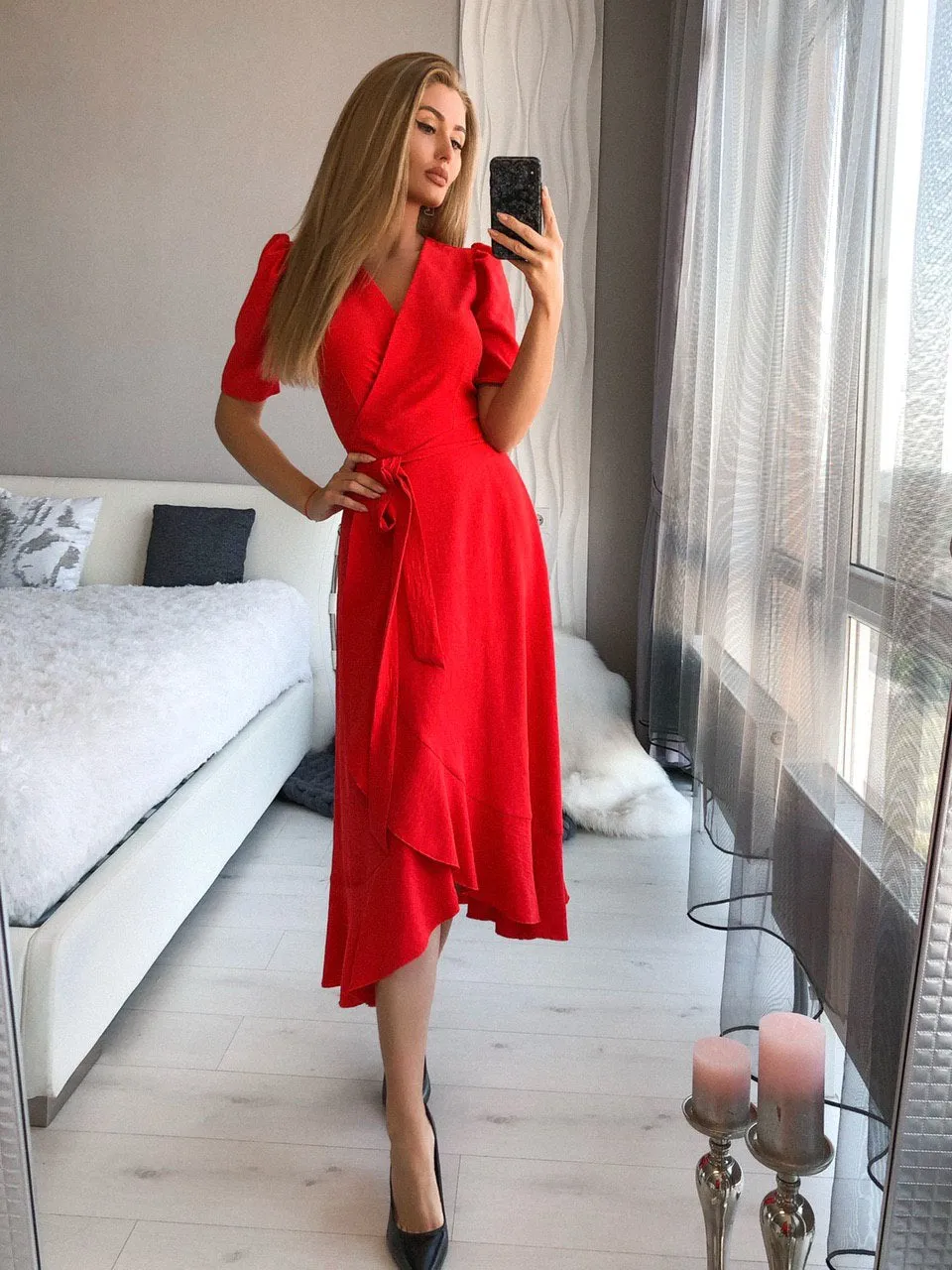 Red Wrap Short Sleeve Midi Dress