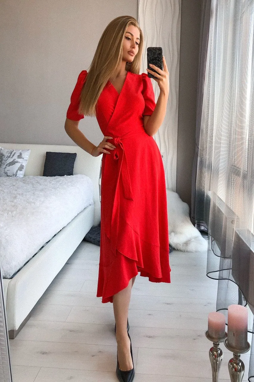 Red Wrap Short Sleeve Midi Dress