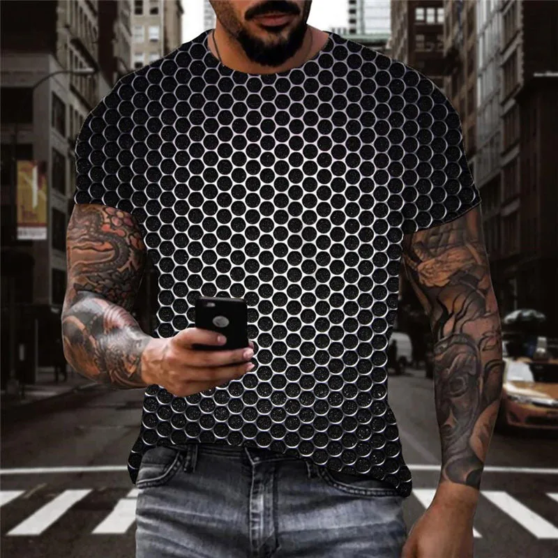 Round hole metallic texture t shirt t shirt 3D special texture man different Cool art costume