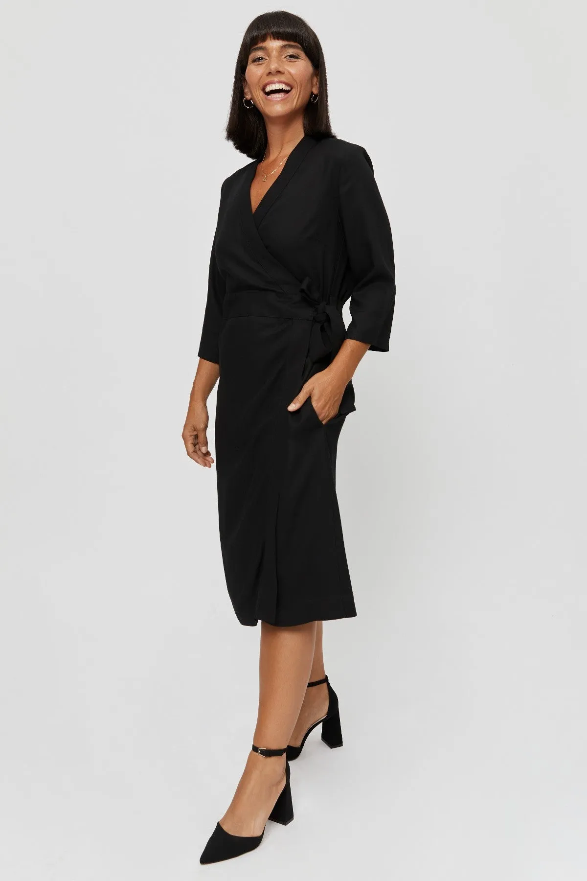 Sandra | Midi Wrap Dress in Black