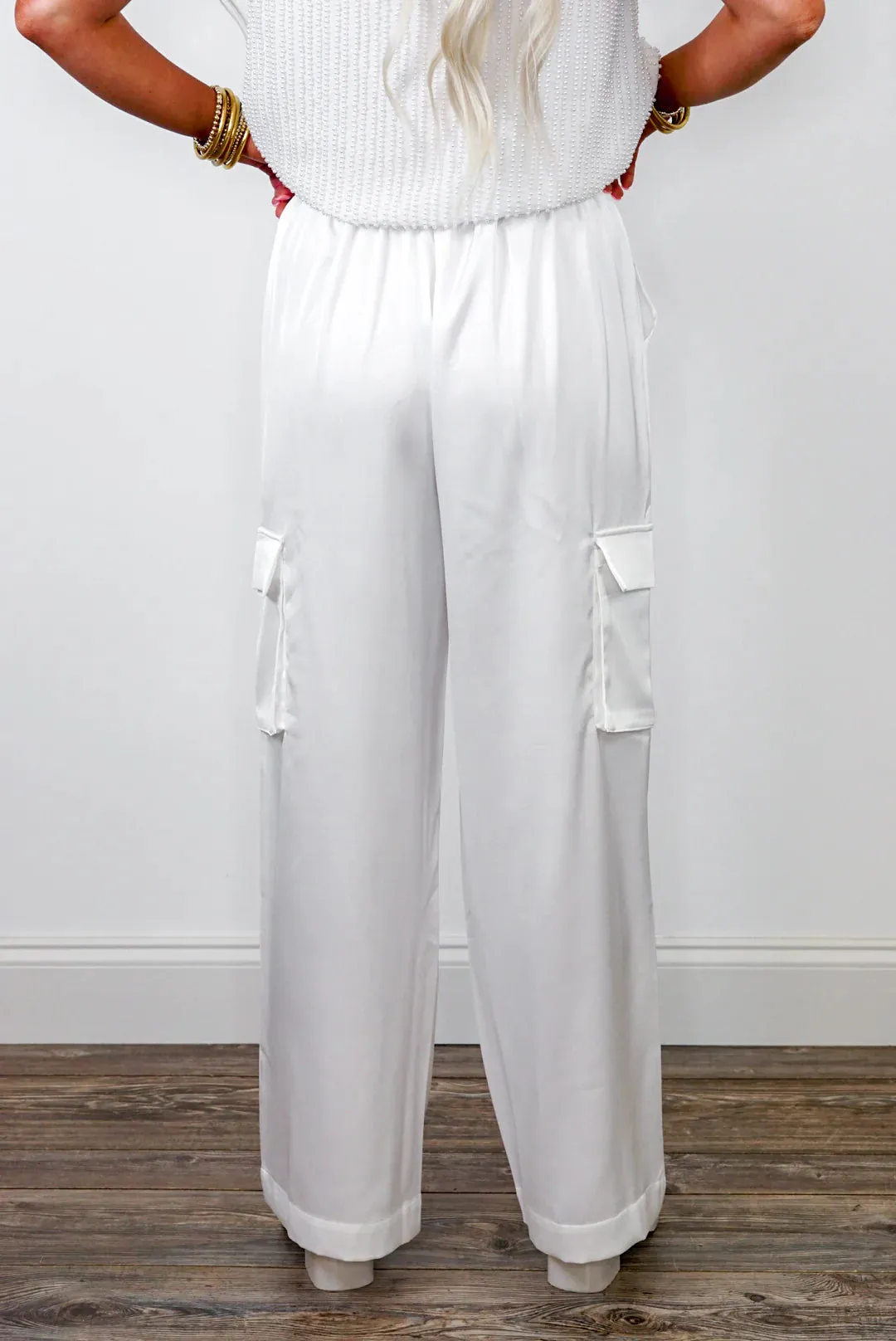 Satin Dreams White Cargo Pants