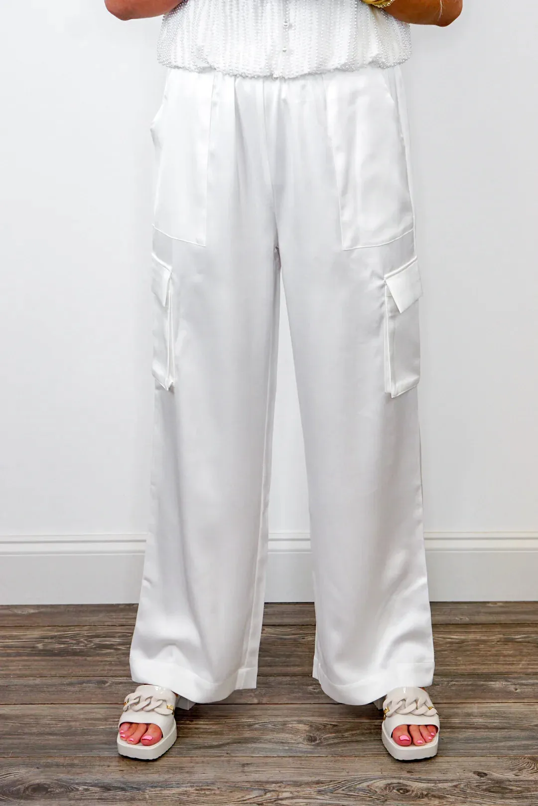 Satin Dreams White Cargo Pants