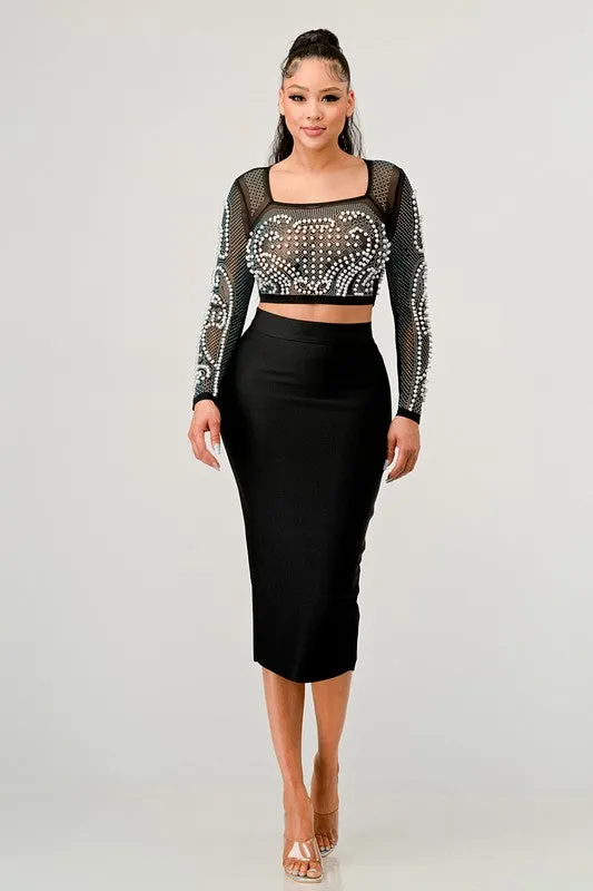 Sexy Mesh Beaded Two Piece Midi Skirt Set