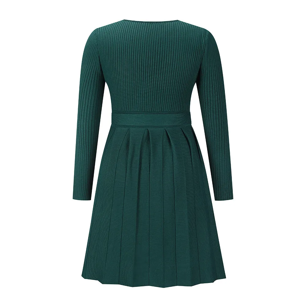 Sexy V-neck Pleated Knitted Short A-line Dress