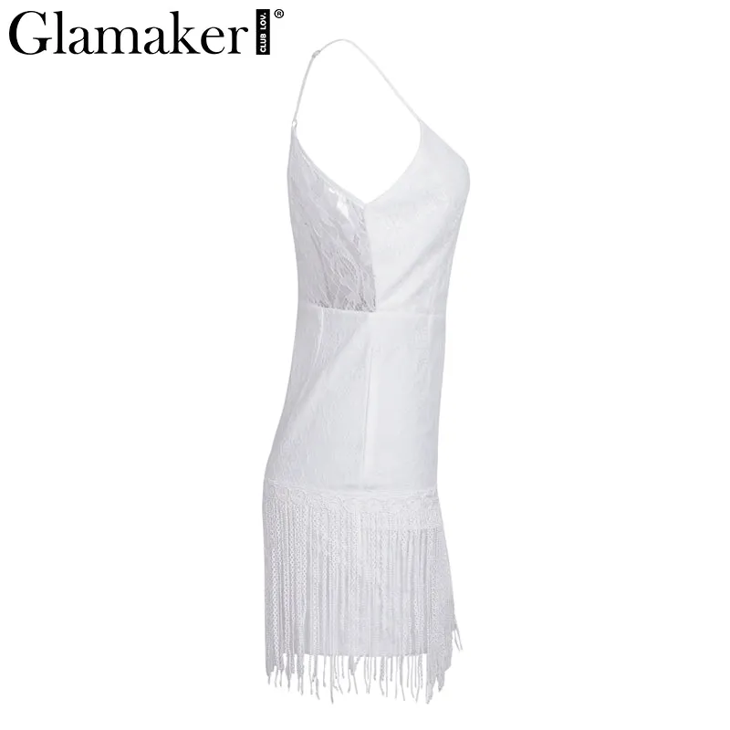 Sexy v neck white lace women dress Elegant fringe  party club backless bodycon dress