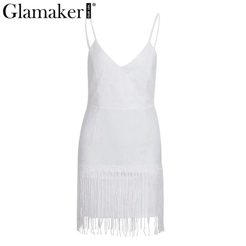 Sexy v neck white lace women dress Elegant fringe  party club backless bodycon dress