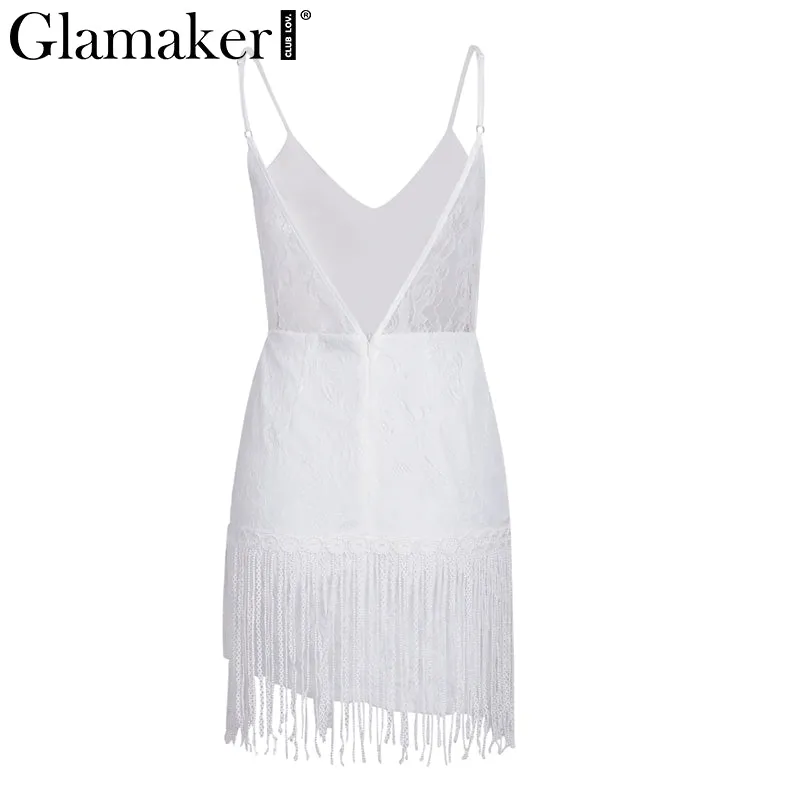 Sexy v neck white lace women dress Elegant fringe  party club backless bodycon dress