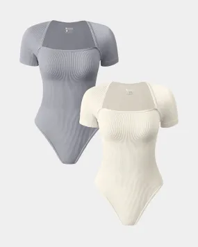 Short Sleeve  Ribbed  Saquare Neck Bodysuits