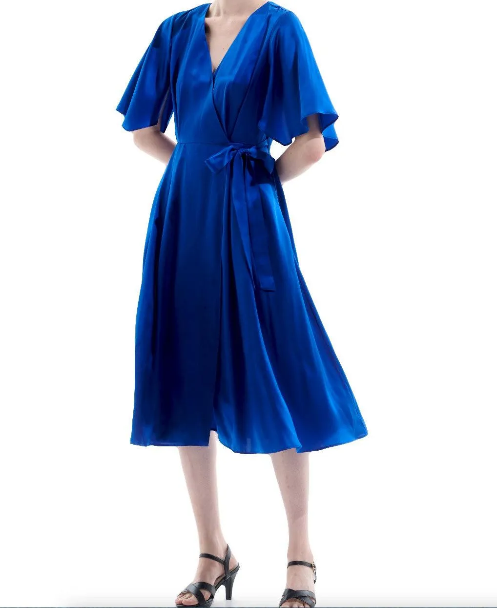 Silk Satin Blue Wrap Midi Dress