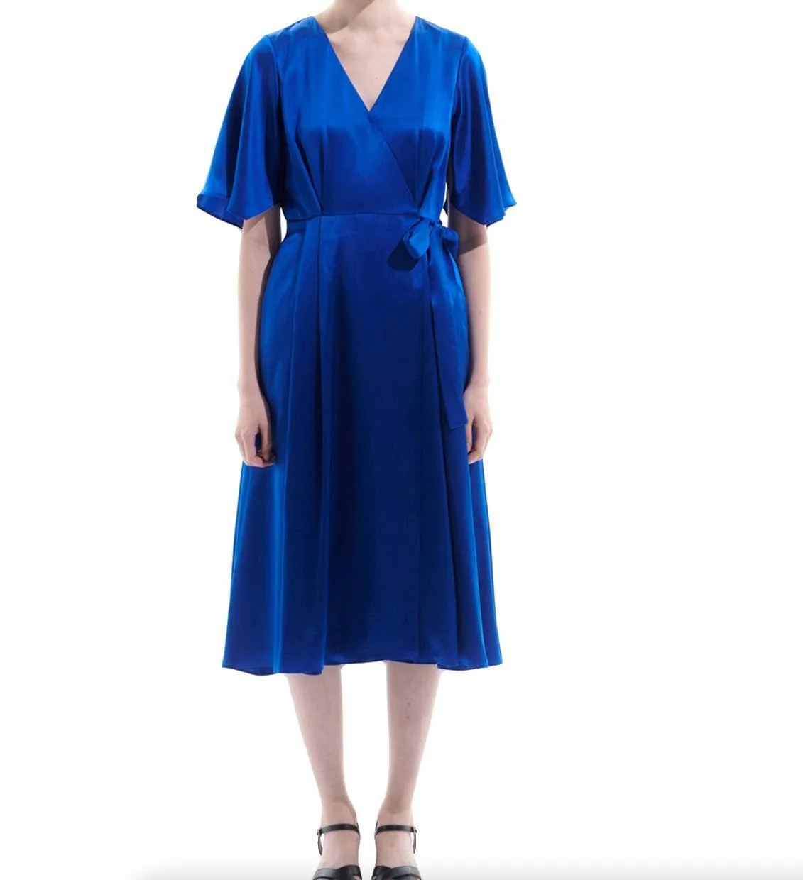 Silk Satin Blue Wrap Midi Dress