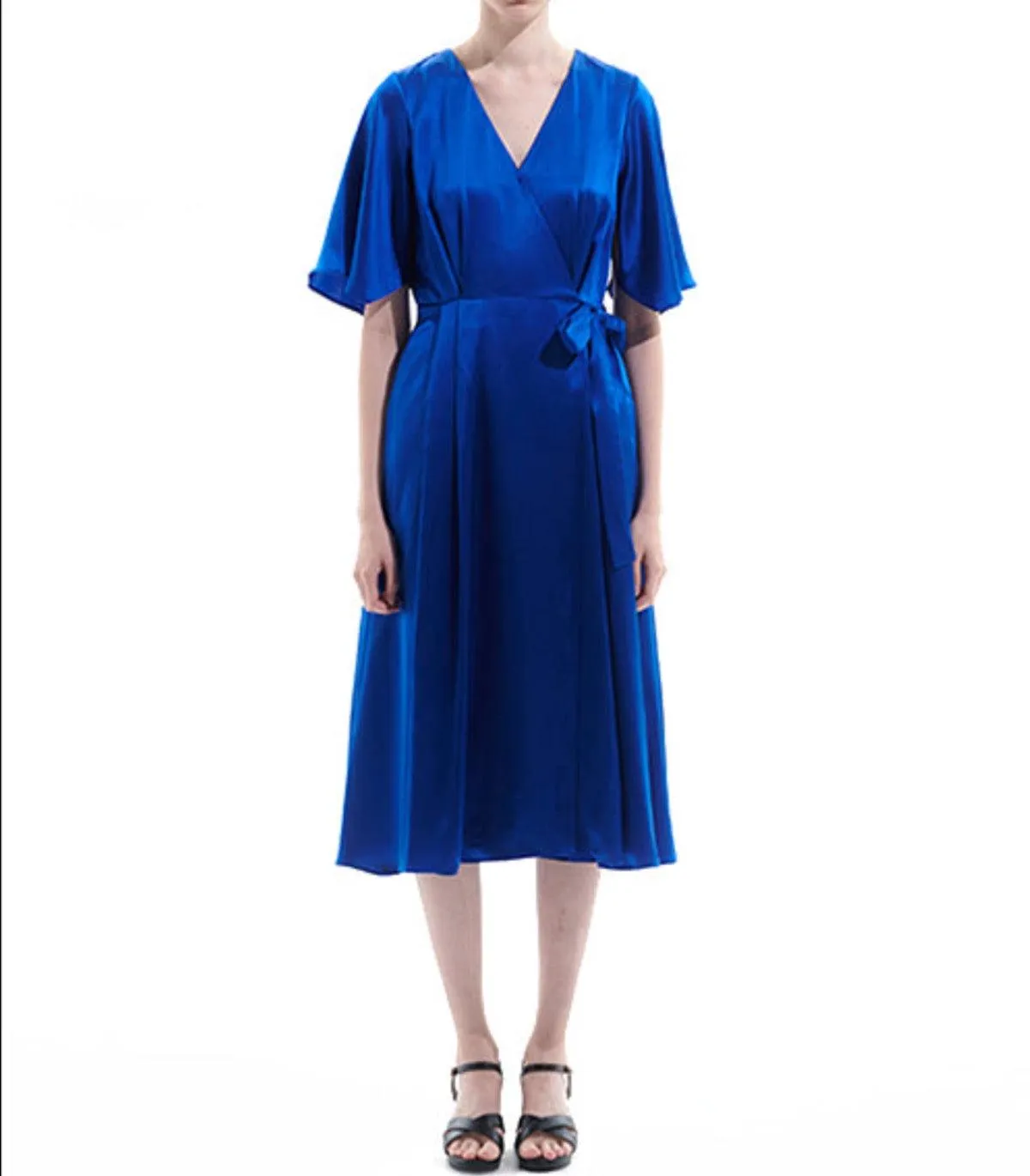 Silk Satin Blue Wrap Midi Dress