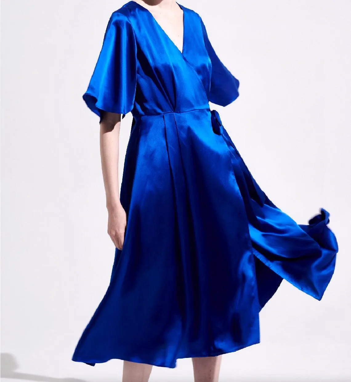 Silk Satin Blue Wrap Midi Dress