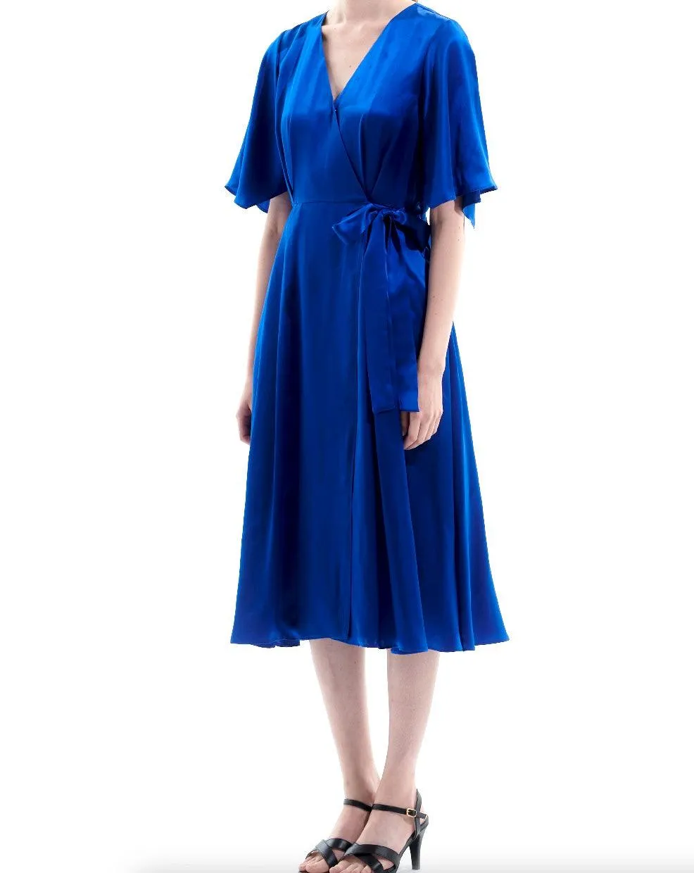 Silk Satin Blue Wrap Midi Dress