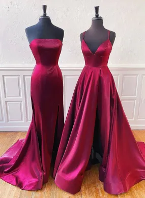 Simple Satin Long Prom Dress, Burgundy Evening Party Dress