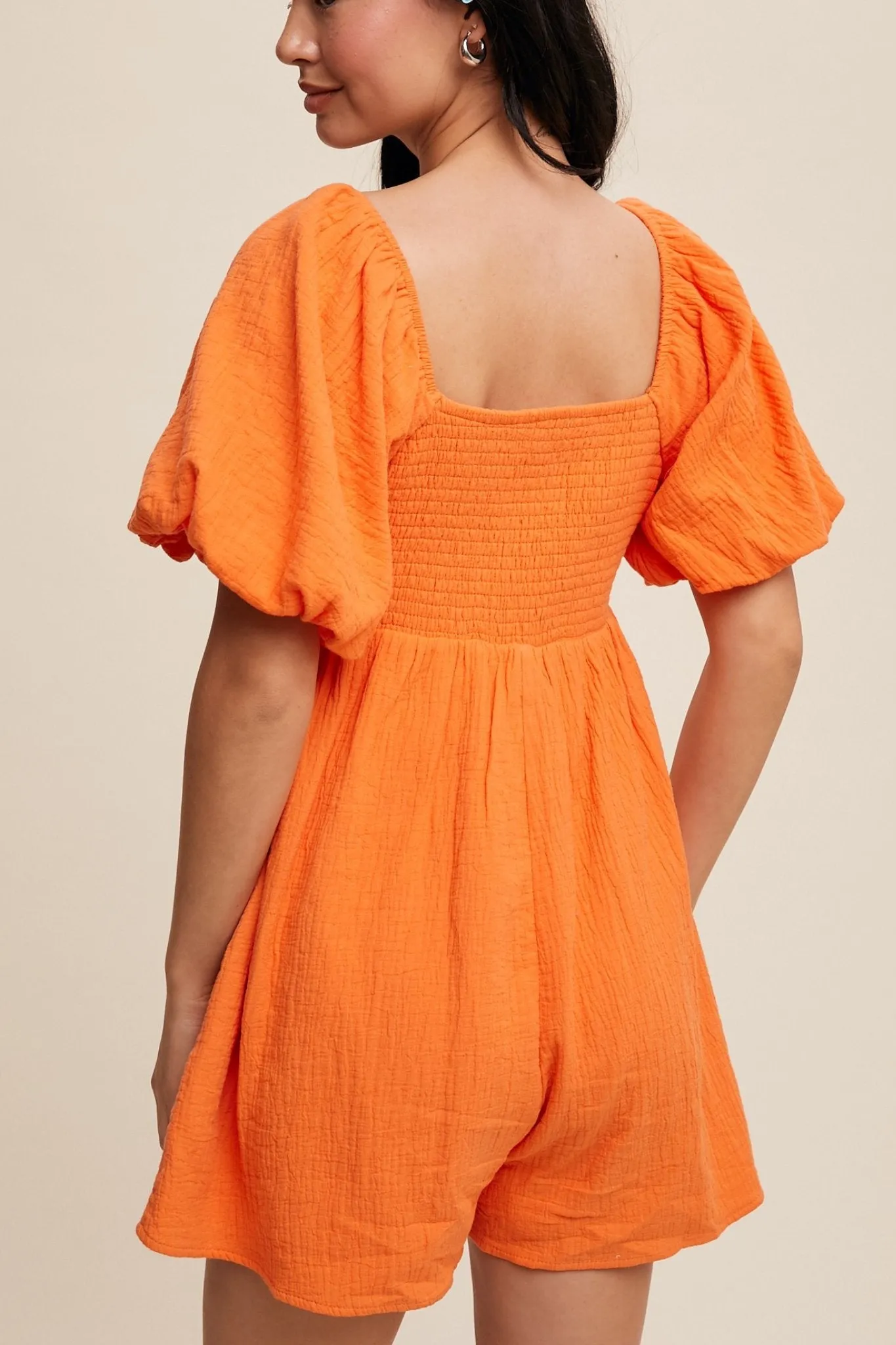 Square Neck Puff Sleeve Babydoll Romper Game Day Orange